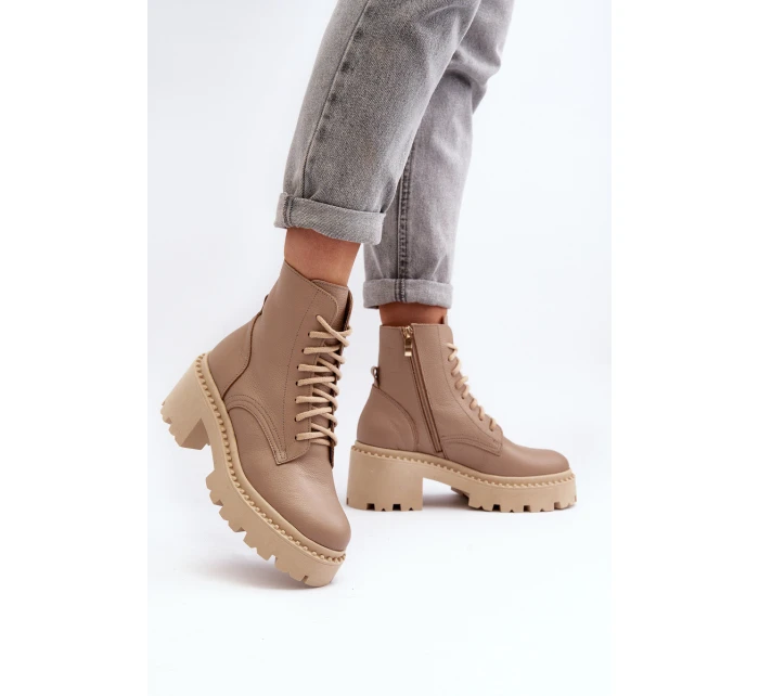 Dámské kožené botky na podpatku béžové model 21644578 - Zazoo