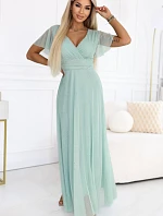 635-8 MELANIA dlouhé třpytivé šaty s výstřihem a krátkými rukávy - pistáciová barva