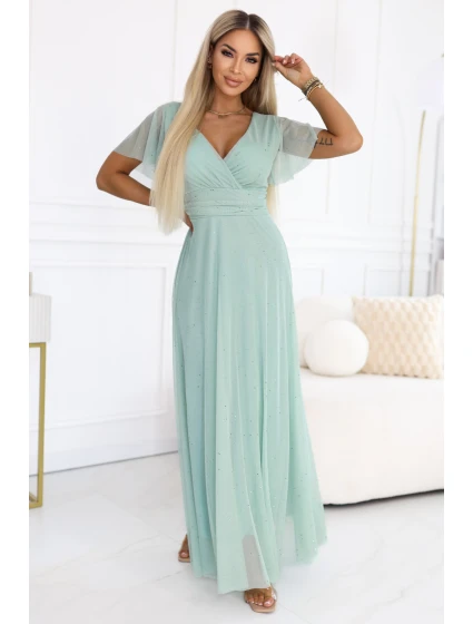 dlouhé třpytivé šaty s výstřihem a krátkými rukávy pistáciová barva model 22019068 - numoco basic