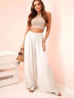 Široké dámské kalhoty s elastickým pasem béžový