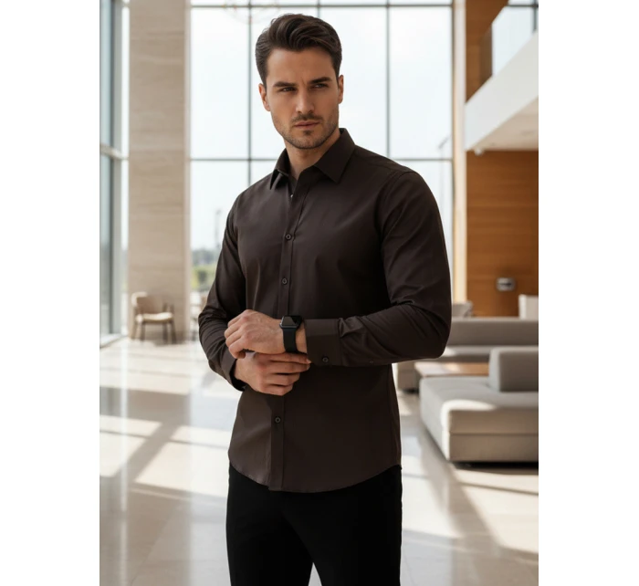 Pánská elegantní hladká tmavě hnědá košile REGULAR FIT FashionStreet DX2685