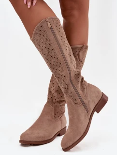 Dámské kozačky na ploché podrážce s vzorem sítě S.Barski HY52-531 Béžové