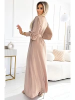 Dlouhé béžové dámské šaty se širokým opaskem a výstřihem model 21876183 - numoco basic