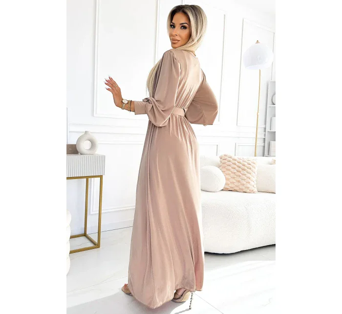 Dlouhé béžové dámské šaty se širokým opaskem a výstřihem model 21876183 - numoco basic