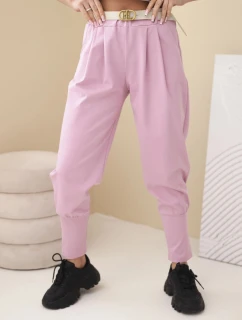 Dámské bavlněné kalhoty s vysokým pasem a páskem tmavě růžové