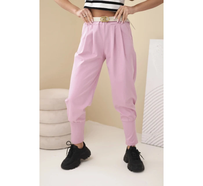 Dámské bavlněné kalhoty s vysokým pasem a páskem tmavě růžové