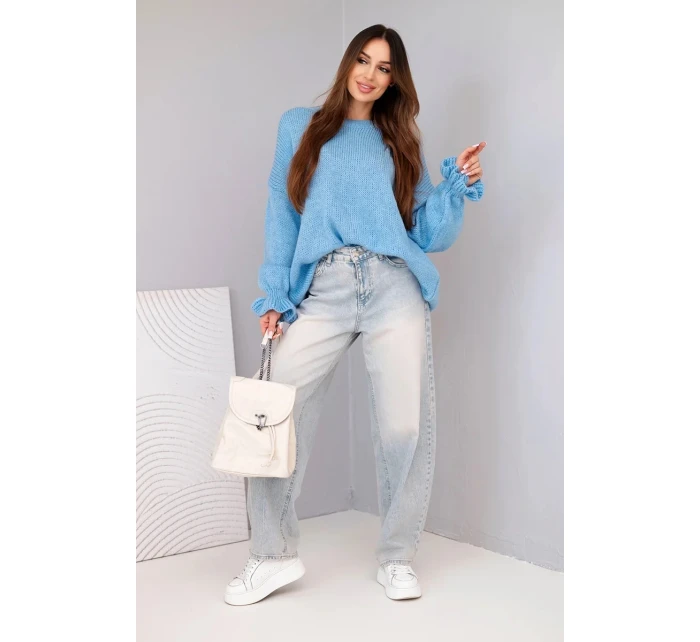 Dámský svetr s přídavkem mohéru a vlny volného střihu modrý Dámský svetr s přídavkem mohéru a vlny volného střihu modrý