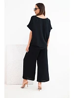 Dámský viskózový komplet halenka s krátkým rukávem a kalhoty se širokými nohavicemi černý