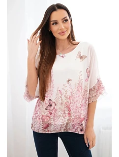 Dámská halenka s plisovaným rukávem a potiskem růžová