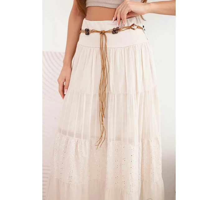 Dámská maxi bavlněná sukně s ažurovým model 22048741 a elastickým pasem béžová - K-Fashion