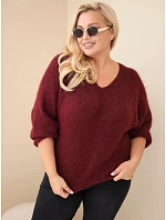 Dámský svetr Plus Size s výstřihem do V a širokým rukávem bordó