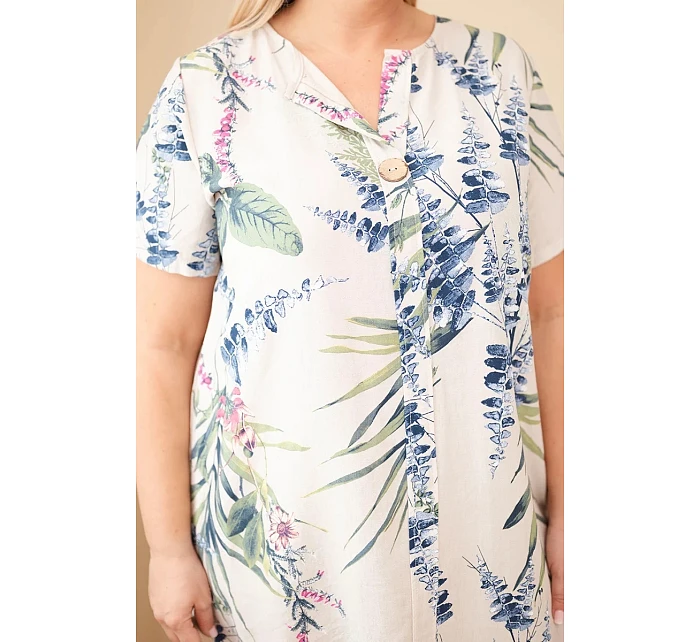 Dámské viskózové šaty Plus Size s krátkým rukávem a výstřihem na knoflíky béžová