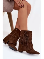 Dámské kotníkové boty na sloupkovém podpatku s třásněmi a zlatými přezkami Evelisse – hnědé Dámské kotníkové boty na sloupkovém podpatku s třásněmi a zlatými přezkami Evelisse – hnědé