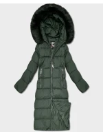 DŁUGA DAMSKA KURTKA ZIMOWA Z KAPTUREM BUTELKOWA ZIELEŃ (7688)
