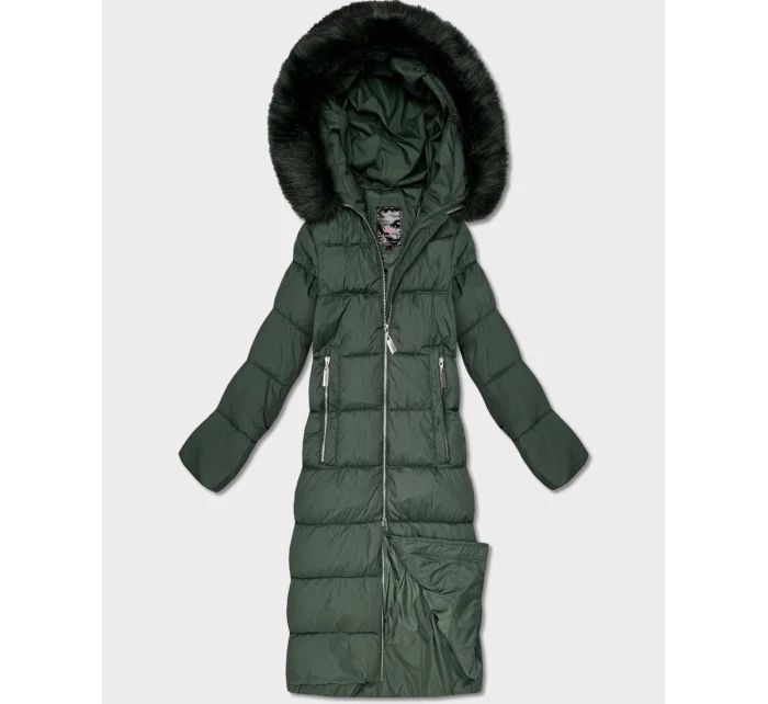 DŁUGA DAMSKA KURTKA ZIMOWA Z KAPTUREM BUTELKOWA ZIELEŃ (7688)