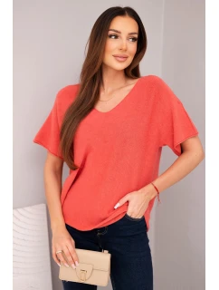 Dámská svetr s krátkým rukávem a výstřihem do V malinová