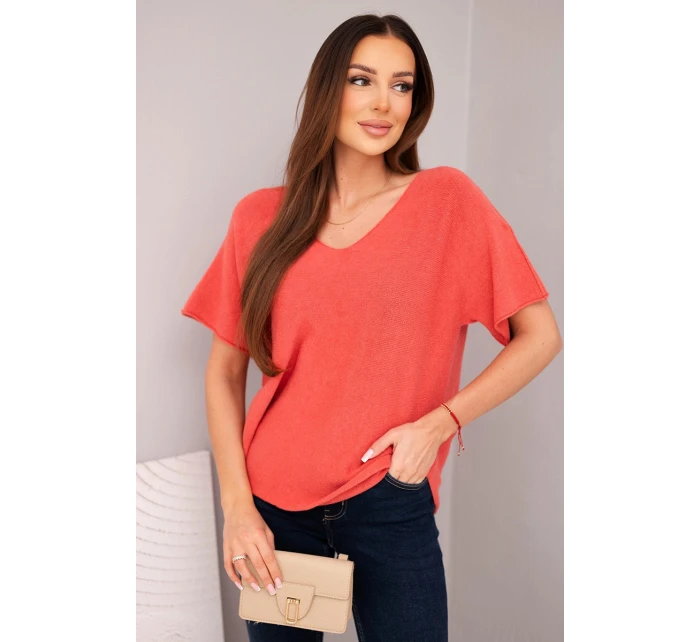 Dámská svetr s krátkým rukávem a výstřihem do V malinová Dámská svetr s krátkým rukávem a výstřihem do V malinová