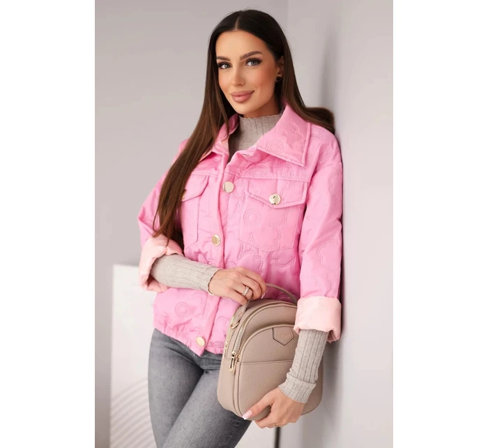 Dámská jarní prošívaná bunda s květinovým vzorem cukrově růžová