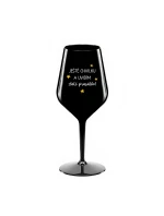 JEŠTĚ CHVILKU A UVIDÍM ZLATÉ PRASÁTKO - černá nerozbitná sklenice na víno 470 ml