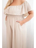 Dámský overal Plus Size s volánem a krátkým rukávem béžový