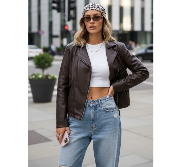 Dámská kožená krátká bunda ramon hnědá FashionStreet TY5628