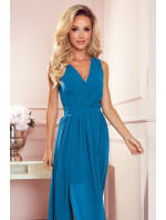 JUSTINE - Světle modré dámské dlouhé šaty s výstřihem a zavazováním 362-4