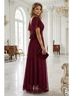 635-5 MELANIA dlouhé lesklé šaty s výstřihem a krátkými rukávy - vínové 635-5 MELANIA dlouhé lesklé šaty s výstřihem a krátkými rukávy - vínové