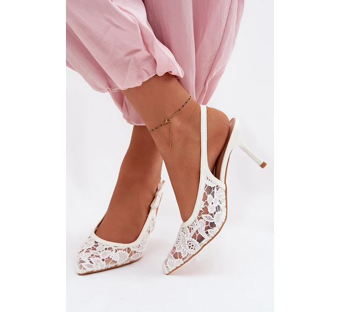 Dámské sandály na podpatku s krajkou bílé Pelivelle