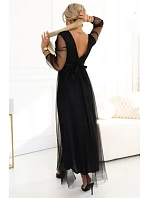 664-3 Dlouhé maxi šaty s tylovými rukávy a obálkovým výstřihem - černé 664-3 Dlouhé maxi šaty s tylovými rukávy a obálkovým výstřihem - černé