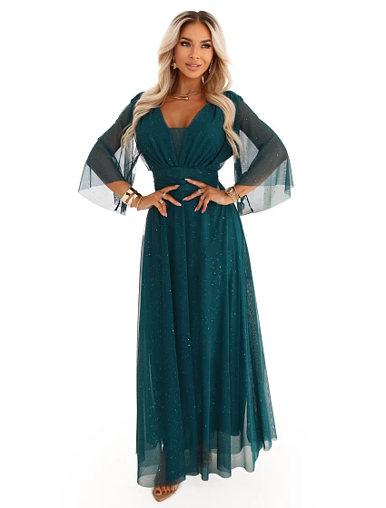 Dlouhé lesklé plus size šaty s výstřihem a rukávy lahvově zelené model 21808977 - numoco basic
