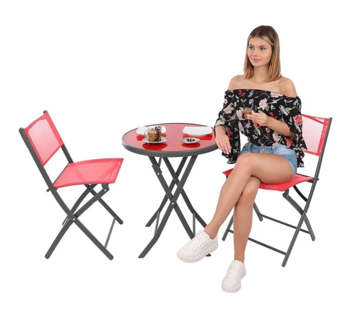 SADA BALKONOVÉHO NÁBYTKU KULATÝ STŮL A 2 SKLÁDACÍ ŽIDLE ČERVENÁ