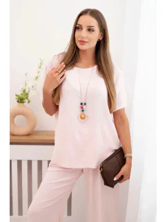 Dámský komplet s volnou halenkou a širokými nohavicemi pudrově růžová