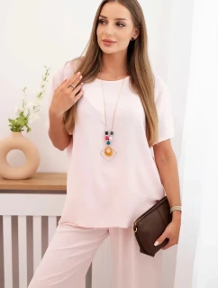 Dámský komplet s volnou halenkou a širokými nohavicemi pudrově růžová