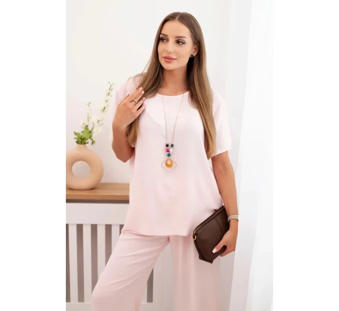 Dámský komplet s volnou halenkou a širokými nohavicemi pudrově růžová Dámský komplet s volnou halenkou a širokými nohavicemi pudrově růžová