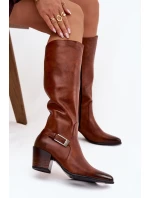 Kožené Kozačky Na Podpatku S Přezkou Zateplené model 21772427 Hnědé - Zazoo Kožené Kozačky Na Podpatku S Přezkou Zateplené model 21772427 Hnědé - Zazoo