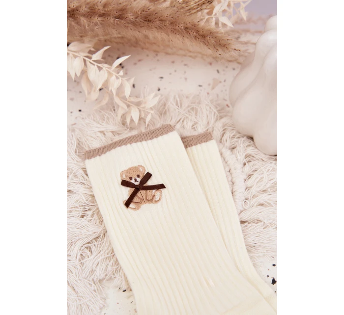 Bavlněné žebrované ponožky s medvídkem – ecru