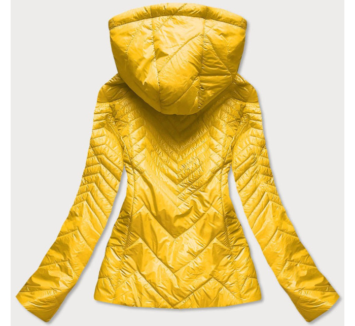 Krátká žlutá prošívaná dámská bunda s kapucí (B9566)
