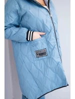 Dámská bunda Plus Size prošívaná s kapucí a sportovními manžetami jeansová