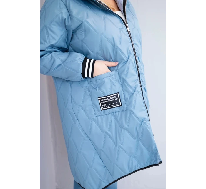 Dámská bunda Plus Size prošívaná s kapucí a sportovními manžetami jeansová