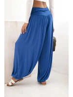 Dámské viskózové kalhoty s širokými nohavicemi a volánky chrpově modrá