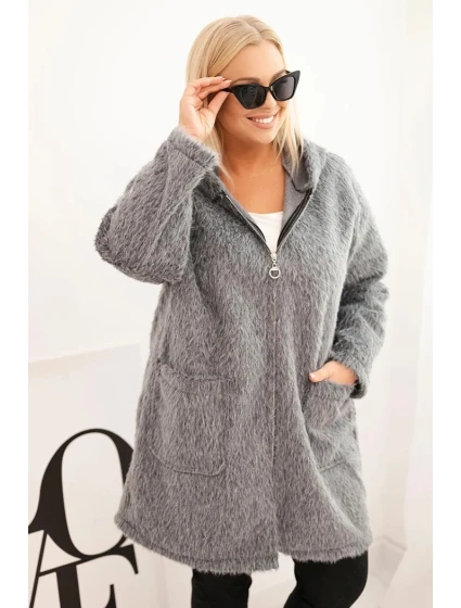 Dámský kabát Plus Size z viskózy na zip s kapucí šedý