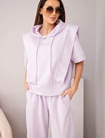 Dámský komplet máslový, mikina s kapucí a volné kalhoty se zavazováním světle fialová