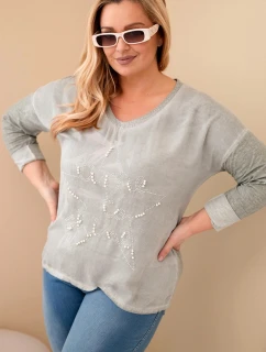 Dámská blůza Plus Size s nápisem a perlami khaki
