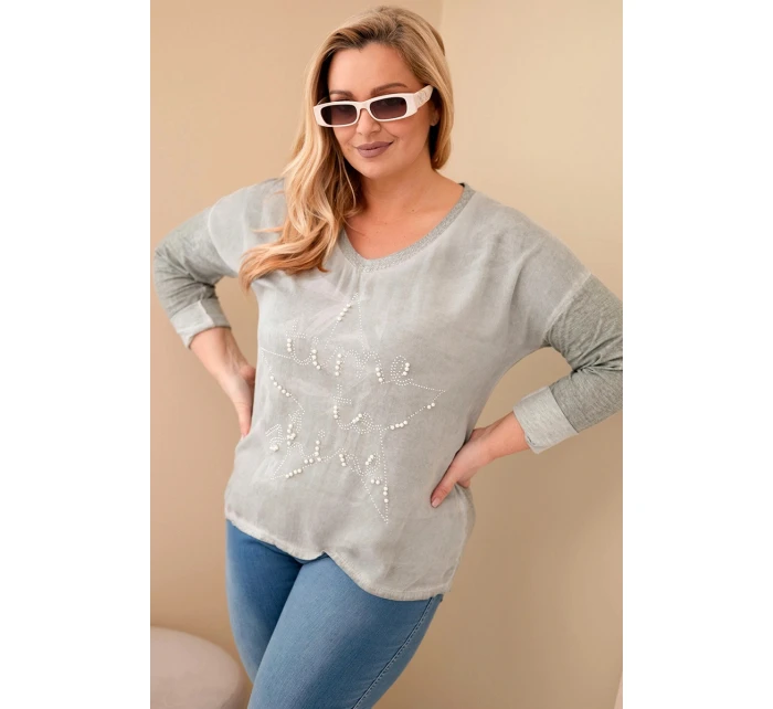 Dámská blůza Plus Size s nápisem a perlami khaki