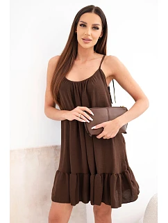 Dámské viskózové šaty na ramínkách s volánem a zavazováním hnědá