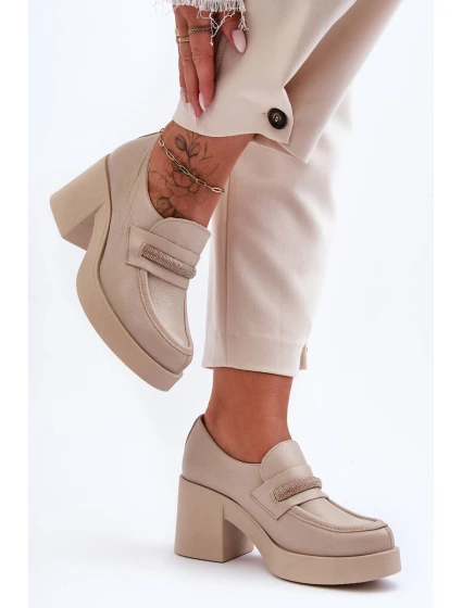 Kožené Půlboty Na Sloupku S Ozdobou Bežové Gelanor Kožené Půlboty Na Sloupku S Ozdobou Bežové Gelanor