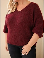 Dámský svetr Plus Size s výstřihem do V a širokým rukávem bordó
