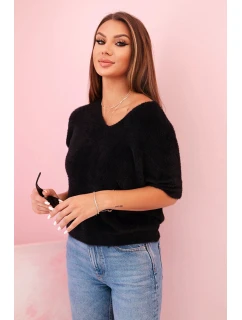 Dámský svetr z měkkého model 21291605 materiálu s V výstřihem krátký rukáv černý - K-Fashion