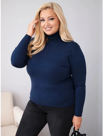 Dámský viskózový svetr Plus Size s rolákem v klasickém střihu modrý Dámský viskózový svetr Plus Size s rolákem v klasickém střihu modrý