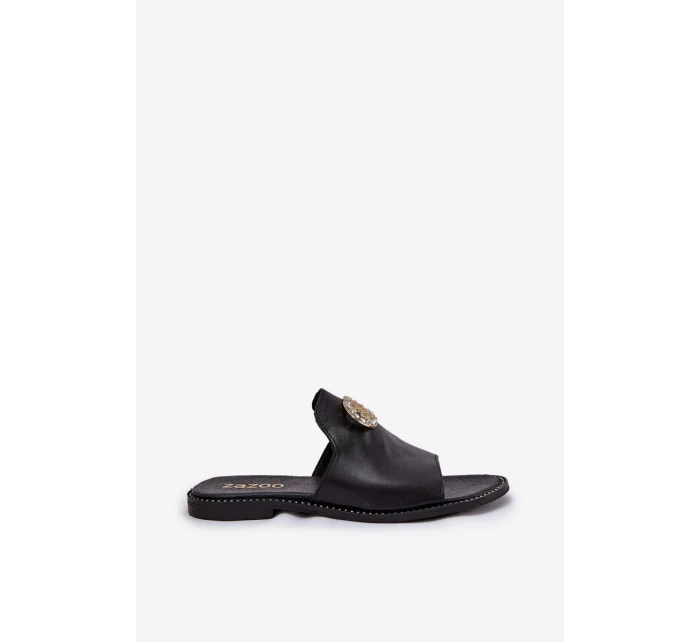Elegantní Dámské Kožené Pantofle S Dekorací Zazoo 3008 Černé